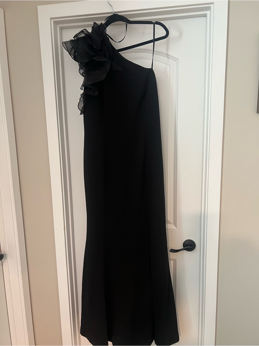 MARINA Black One-Shoulder Evening Gown with Organza Floral Accent